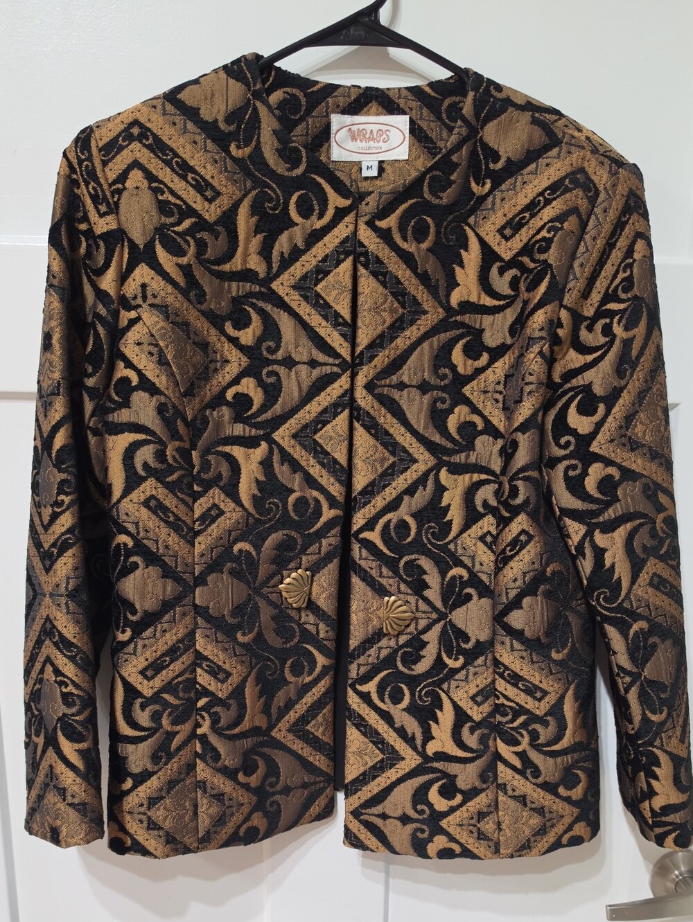 Vintage Wraps Collection Metallic Gold Black Jacquard Blazer M